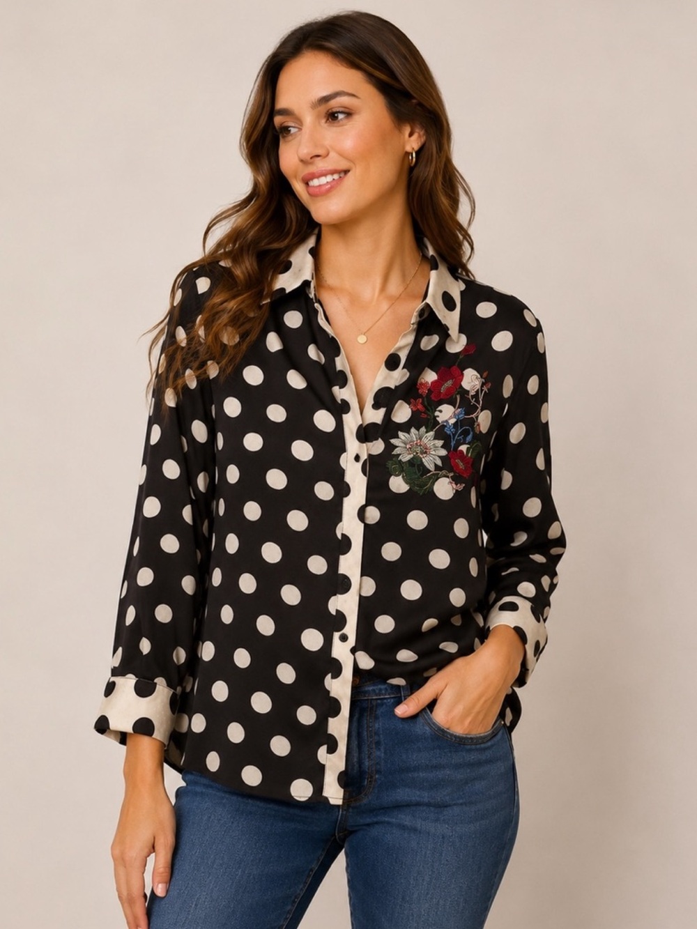 Chico's Black and Cream Polka Dot Button-Down with Floral Embroidery Size 2